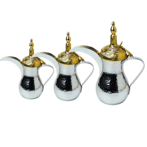 طقم دلة للقهوة العربية 3 دلال بمقاسات مختلفة  ذهبي وكروم (4 أطقم)